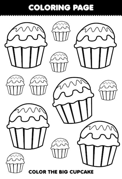 Educatief spel voor kinderen kleurplaat grote of kleine afbeelding van cupcake afdrukbaar werkblad