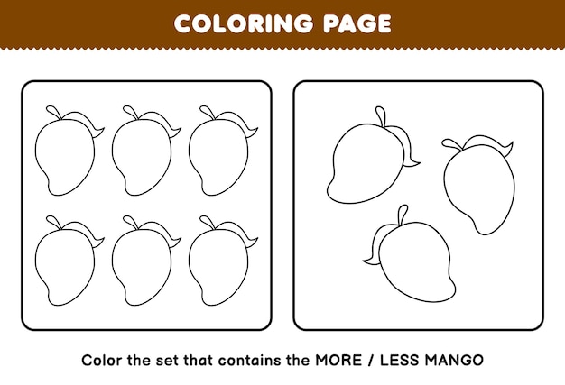 Educatief spel voor kinderen kleurplaat min of meer afbeelding van cartoon mango fruit lijntekeningen set afdrukbaar werkblad