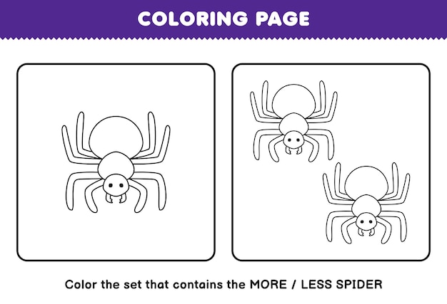 Educatief spel voor kinderen kleurplaat min of meer afbeelding van schattige cartoon spin lijntekeningen set afdrukbare bug werkblad