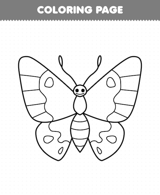 Vector educatief spel voor kinderen kleurplaat van schattige cartoon vlinder lijntekeningen afdrukbare bug werkblad
