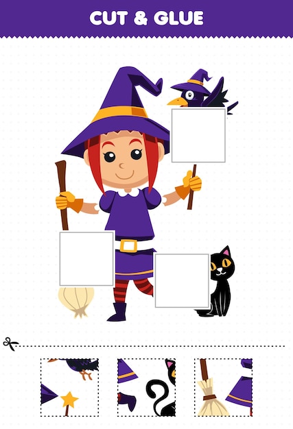 Educatief spel voor kinderen knip en lijm delen van een schattig cartoon heks kostuum en lijm ze halloween afdrukbaar werkblad