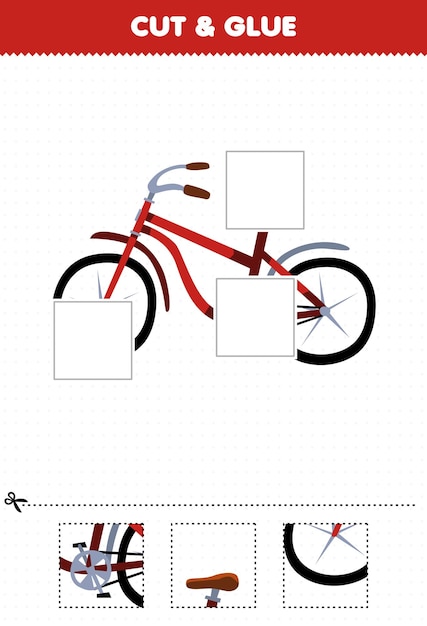 Educatief spel voor kinderen knip en lijm delen van een schattige cartoon transportfiets en lijm ze afdrukbaar werkblad