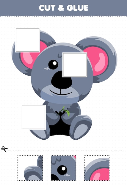 Educatief spel voor kinderen knip en lijm delen van schattige cartoon dieren koala en lijm ze afdrukbaar werkblad