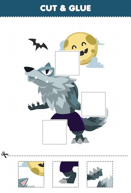 Educatief spel voor kinderen knip en plak delen van een schattig cartoon weerwolfkostuum en plak ze op halloween afdrukbaar werkblad