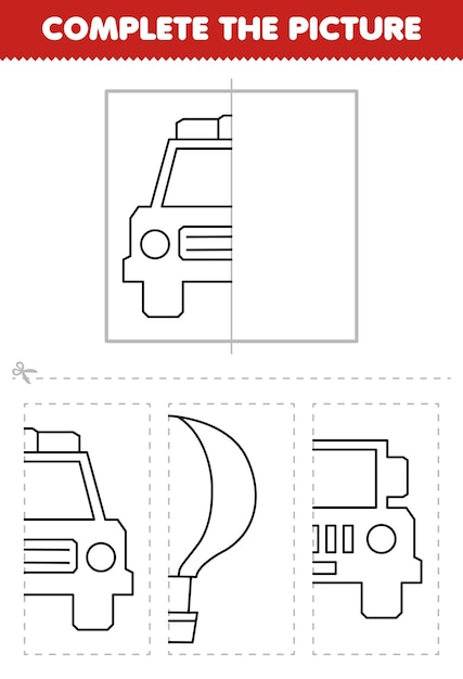 Vector educatief spel voor kinderen knip en voltooi het beeld van de halve omtrek van een schattige cartoon politieauto om het afdrukbare transportwerkblad in te kleuren