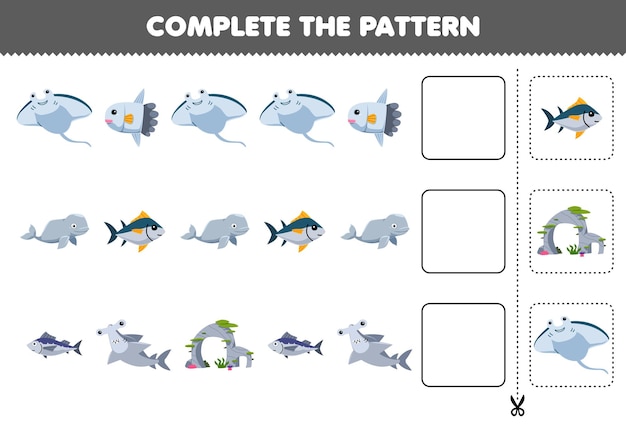 Educatief spel voor kinderen knip en voltooi het patroon van elke rij van een schattig tekenfilmmanta maanvis beluga vis hamerhaai werkblad