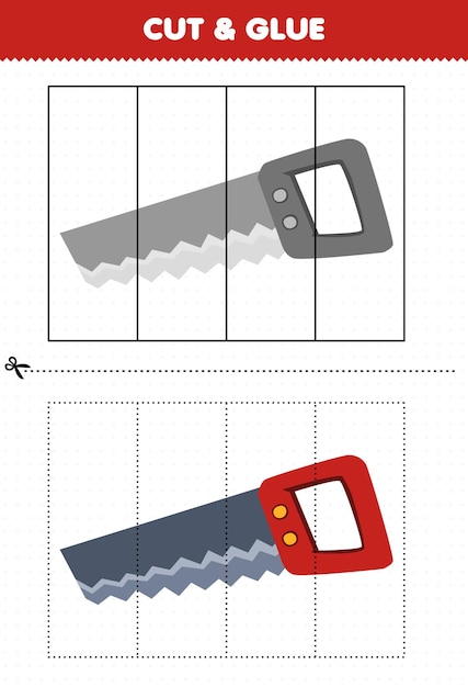 Educatief spel voor kinderen knippen en lijmen met een schattig cartoonzaag-afdrukbaar gereedschapswerkblad