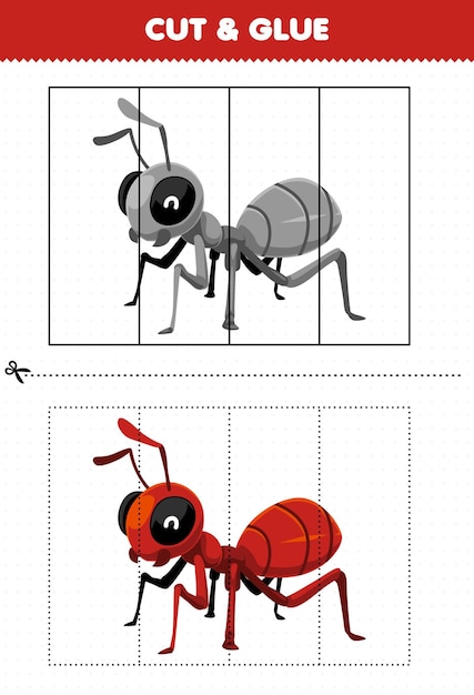 Educatief spel voor kinderen knippen en lijmen met schattige cartoon mier afdrukbare bug werkblad