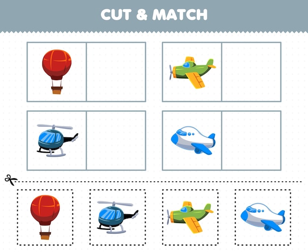 Educatief spel voor kinderen knippen en matchen dezelfde foto van schattige cartoon vliegende transportballon vliegtuig helikopter vliegtuig afdrukbaar werkblad