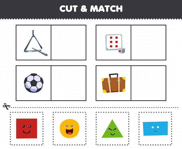 Educatief spel voor kinderen knippen en matchen dezelfde foto van schattige cartoonvorm driehoek vierkant dobbelstenen cirkel voetbal rechthoek koffer