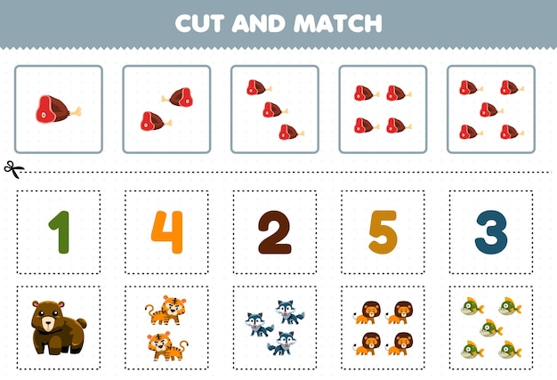 Educatief spel voor kinderen knippen en matchen hetzelfde aantal schattige cartoon carnivoor dieren afdrukbare werkbladen