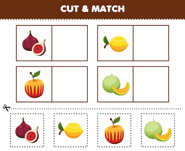 Educatief spel voor kinderen knippen en matchen met dezelfde afbeelding van cartoon fruit vijg citroen appel meloen afdrukbaar werkblad