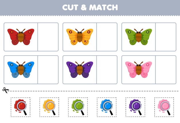 Educatief spel voor kinderen knippen en matchen met dezelfde kleur van schattige cartoon mot afdrukbare bug werkblad