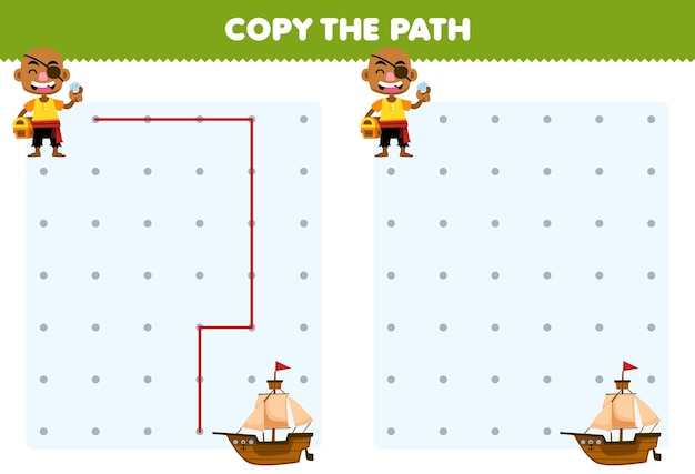 Educatief spel voor kinderen kopieer het pad en help de kale man om naar het afdrukbare piratenwerkblad van het schip te gaan