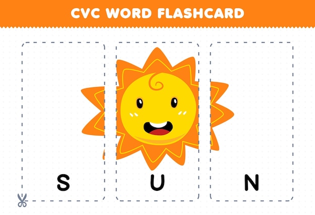 Educatief spel voor kinderen leren medeklinker klinker medeklinker woord met schattige cartoon SUN illustratie afdrukbare flashcard