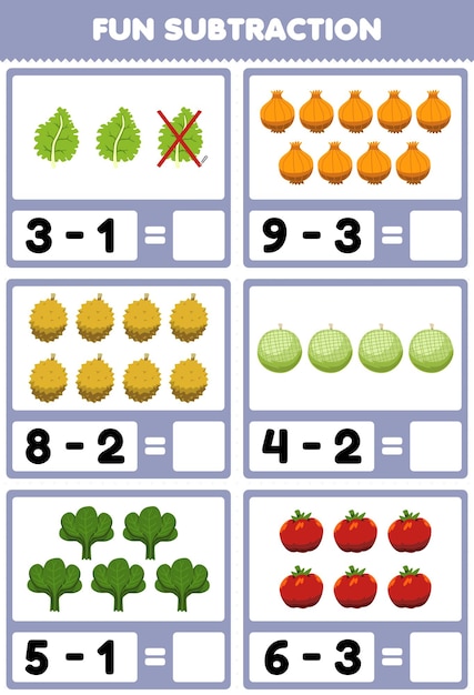 Educatief spel voor kinderen leuk aftrekken door cartoon groenten en fruit te tellen en te elimineren boerenkool ui durian meloen spinazie tomaat werkblad