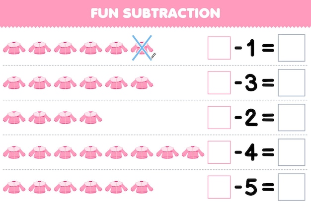 Educatief spel voor kinderen leuk aftrekken door cartoon roze blouse in elke rij te tellen en het afdrukbare werkblad voor draagbare kleding te elimineren