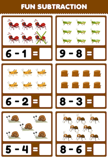 Educatief spel voor kinderen leuk aftrekken door het tellen en elimineren van schattige cartoon mier sprinkhaan hout log slak afdrukbare bug werkblad