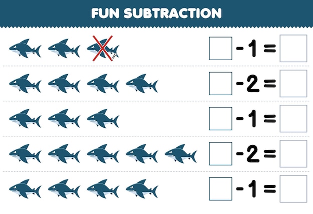 Educatief spel voor kinderen leuk aftrekken door schattige cartoonhaai in elke rij te tellen en het afdrukbare onderwaterwerkblad te elimineren