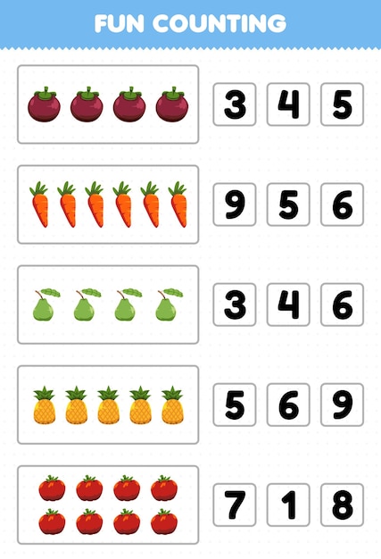 Educatief spel voor kinderen leuk tellen en kiezen van het juiste aantal cartoon groenten en fruit mangosteen wortel guave ananas tomaat afdrukbaar werkblad