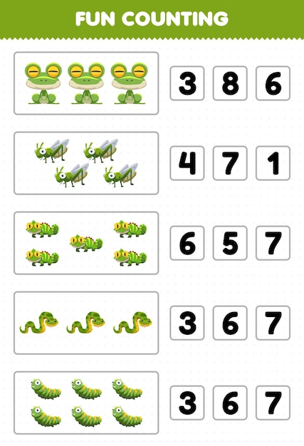 Educatief spel voor kinderen leuk tellen en kiezen van het juiste aantal schattige cartoon groene dierenkikker sprinkhaan leguaan slang rups afdrukbaar werkblad