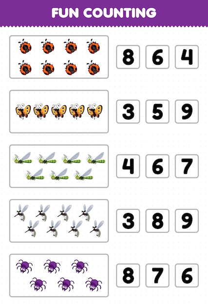 Educatief spel voor kinderen leuk tellen en kiezen van het juiste aantal schattige cartoon insecten dier lieveheersbeestje vlinder libel mug spin afdrukbaar werkblad