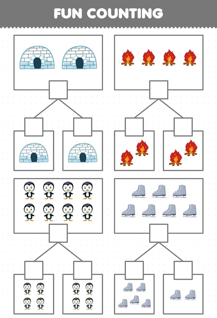 Educatief spel voor kinderen leuk tellende afbeelding in elke doos met schattige cartoon iglo vreugdevuur pinguïn schaatsschoen afdrukbaar winterwerkblad