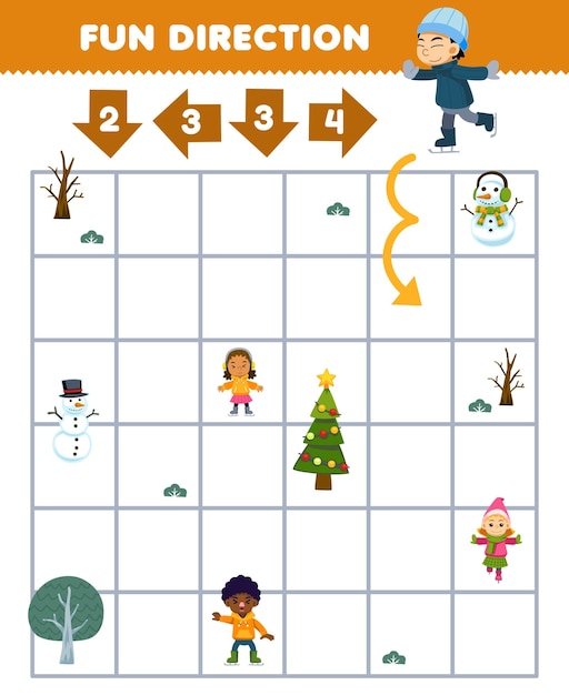 Educatief spel voor kinderen leuke richting help jongen die schaatst, beweegt volgens de cijfers op de pijlen afdrukbaar winterwerkblad
