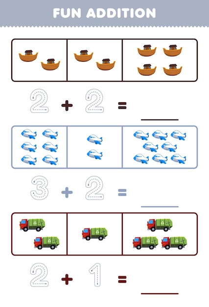 Educatief spel voor kinderen leuke toevoeging door het aantal schattige cartoon ark vliegtuig vuilniswagen afdrukbaar transport werkblad te tellen en te traceren