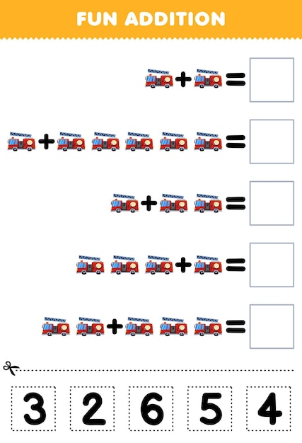 Educatief spel voor kinderen leuke toevoeging door het juiste nummer te knippen en matchen voor een schattig cartoon brandweerwagen afdrukbaar transportwerkblad