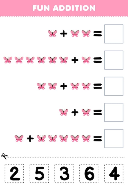 Educatief spel voor kinderen leuke toevoeging door het juiste nummer te knippen en te matchen voor een werkblad met schattige vlinder printbare insecten