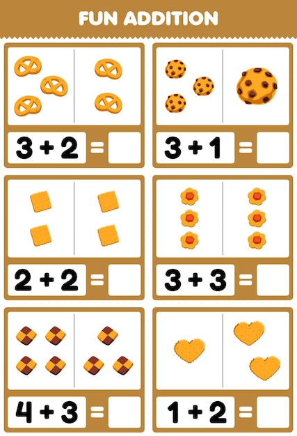 Vector educatief spel voor kinderen leuke toevoeging door het tellen en optellen van het werkblad met cartoonvoedselkoekjeskoekjes