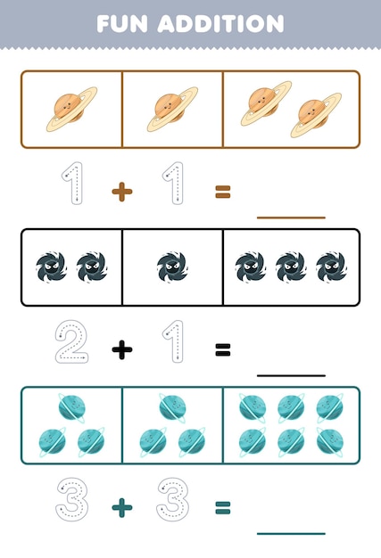 Educatief spel voor kinderen leuke toevoeging door het tellen en traceren van het aantal schattige cartoonplaneten en zwart gat afdrukbaar zonnestelsel werkblad