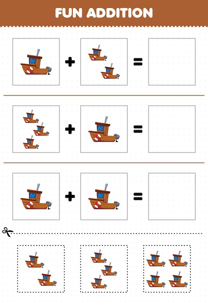 Educatief spel voor kinderen leuke toevoeging door knippen en matchen met schattige cartoon transport houten scheepsfoto's werkblad