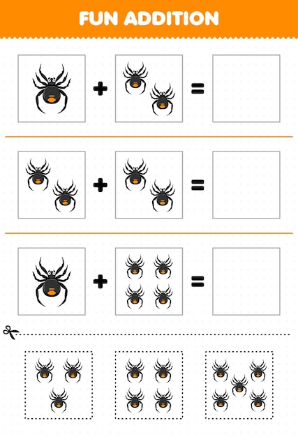 Educatief spel voor kinderen leuke toevoeging door knippen en matchen van schattige cartoonspinfoto's voor afdrukbaar bug-werkblad