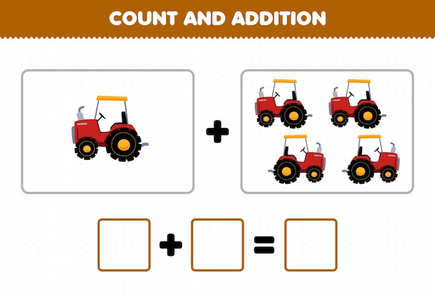 Educatief spel voor kinderen leuke toevoeging door schattige cartoon tractorfoto's afdrukbaar boerderijwerkblad te tellen