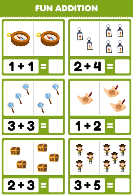 Educatief spel voor kinderen leuke toevoeging door te tellen en de som van schattige cartoon kompas lantaarn vergrootglas schatkaart borst jongen printbaar piraat werkblad