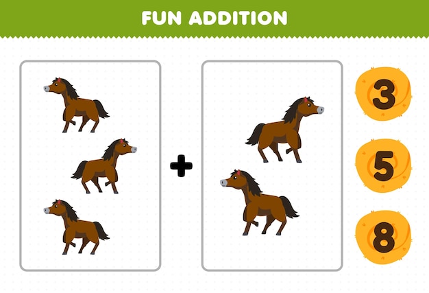 Educatief spel voor kinderen leuke toevoeging door te tellen en kies het juiste antwoord van een schattig cartoon paard afdrukbaar boerderij werkblad