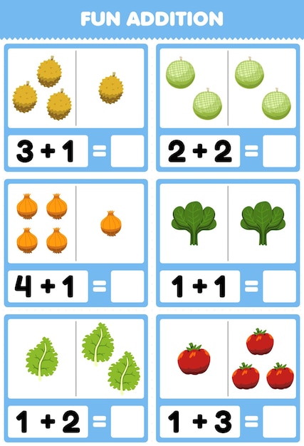 Vector educatief spel voor kinderen leuke toevoeging door te tellen en op te tellen cartoon durian meloen ui spinazie boerenkool tomaat foto's werkblad