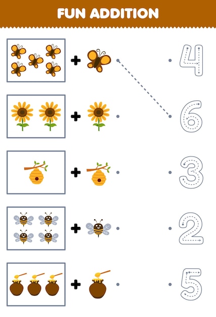 Educatief spel voor kinderen leuke toevoeging van cartoon vlinder zonnebloem bijenkorf bij honing kies vervolgens het juiste nummer door het werkblad van de lijnboerderij te volgen