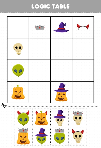 Educatief spel voor kinderen logica tafelhoofd accessoires en masker halloween afdrukbaar werkblad