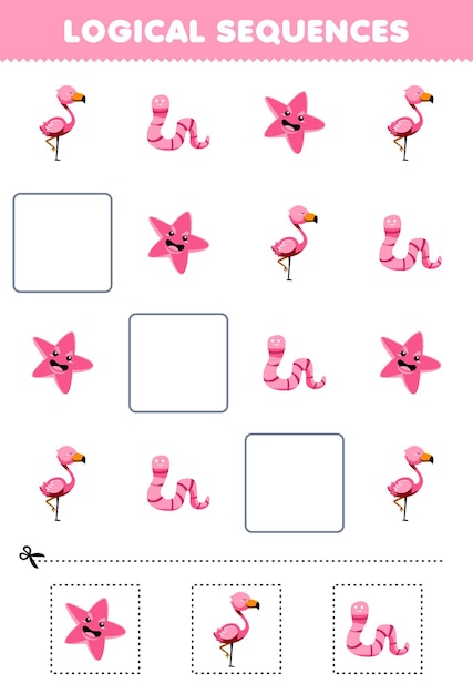 Educatief spel voor kinderen logische reeksen voor kinderen met schattige cartoon flamingo zeester worm foto afdrukbaar roze dieren werkblad