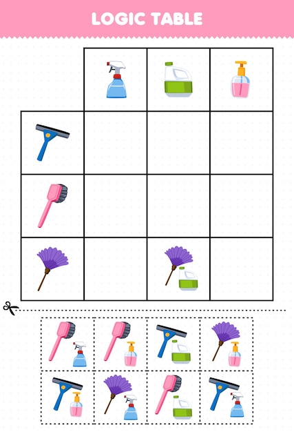 Educatief spel voor kinderen logische tafel cartoon borstelstofdoek en zuigmond match met het juiste werkblad voor het afdrukbare gereedschap van de sproeier