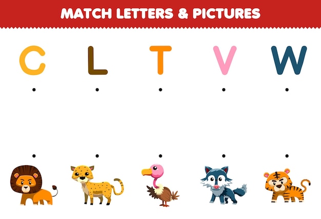Educatief spel voor kinderen match letters en afbeeldingen van schattige cartoon leeuw cheetah gier wolf tijger afdrukbaar dierenwerkblad