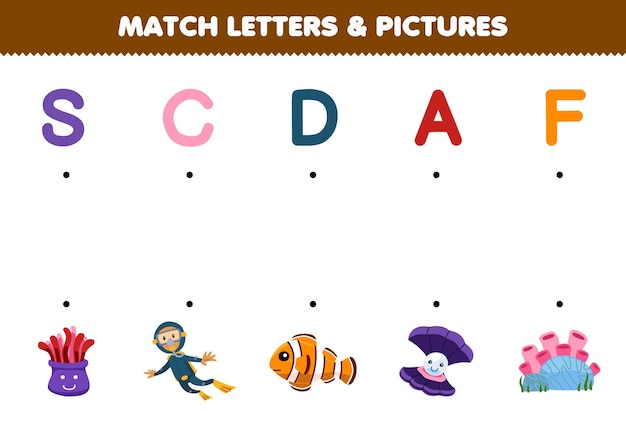 Educatief spel voor kinderen match letters en foto's van schattige cartoon anemoon duiker vis shell koraal afdrukbaar onderwater werkblad