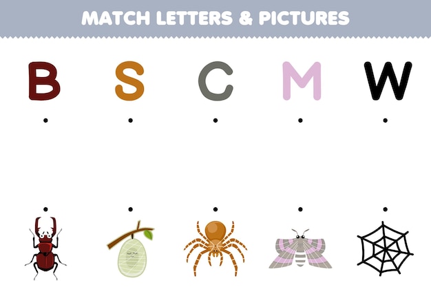 Educatief spel voor kinderen match letters en foto's van schattige cartoon kever cocon spinnenmot web afdrukbare bug werkblad
