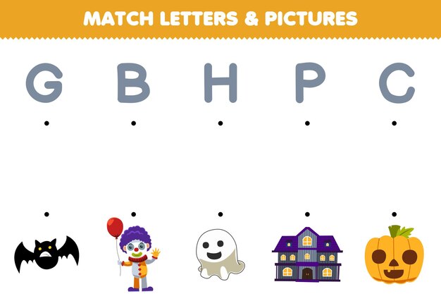 Educatief spel voor kinderen match letters en foto's van schattige cartoon vleermuis clown spookhuis pompoen halloween afdrukbaar werkblad
