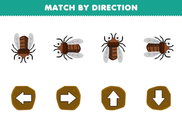 Educatief spel voor kinderen match op richting links rechts omhoog of omlaag oriëntatie van schattige cartoon cicade afdrukbare bug werkblad