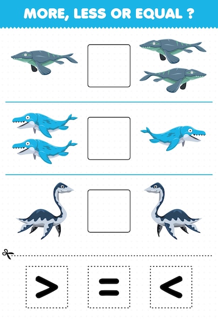 Educatief spel voor kinderen min of meer gelijk aan de hoeveelheid cartoon prehistorische waterdinosaurus tylosaurus mosasaurus plesiosaur knippen en lijmen vervolgens het juiste teken knippen