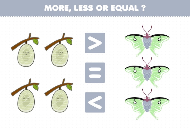 Educatief spel voor kinderen min of meer gelijk aan de hoeveelheid schattige cartoon cocon en mot afdrukbare bug werkblad